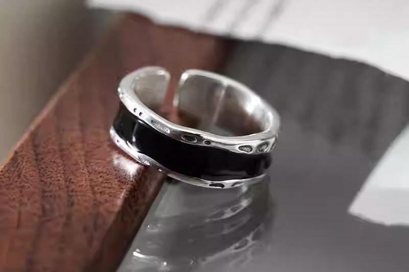 Bague Argent 925 émaillée Noire - Taille 51 - Bijou D'occasion Poinçonné