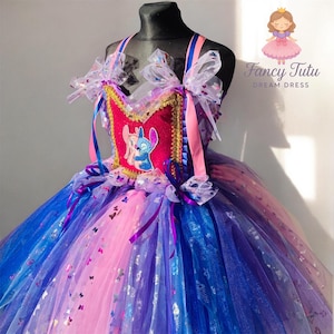 Vestido tutu estilo coquete Alien-Stitch para meninas | Saia longa de tule brilhante, fantasia de aniversário de princesa, estilo Stitch & Lilo, tamanho 98–104