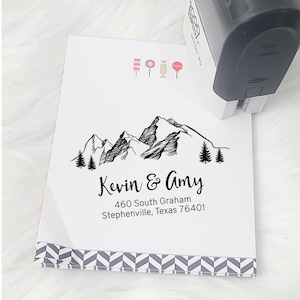 Personalized Return Address Stamps Self ink or Wood Handle Wedding Save the date Housewarming Gift Mountains