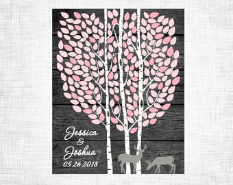 Alternative Wedding Guest Book  deer  birch tree print guestbook  Rustic  up to 200 Custom wedding wood print  Guestbook