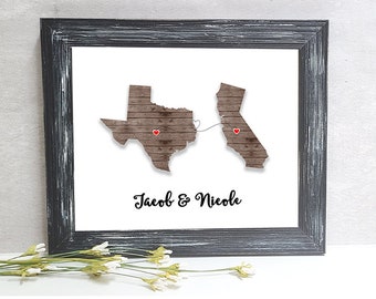 anniversary gift Personalized two states print for him or her long distance best friend fiance present wood print natural collection