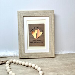 Op de afbeelding: Een lichtgekleurde houten fotolijst met een rechthoekig houten plaatje met twee metalen koperkleurige hartvormige uitsparingen. Het plaatje bevat de tekst: Love you then, love you now, Joe & Hope, Happy 22nd Anniversary, gedrukt in het zwart.