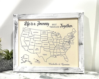 Personalized USA Travel Map, Cotton Anniversary Gift, Push Pin Board