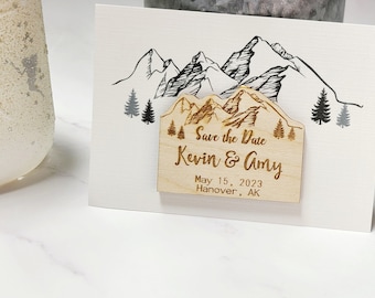 Save the Date Magnets Mountains Wooden Nature Custom made