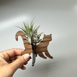 Laser Cut Wood Cat Air Plant Holder: Unique Desk Decor
