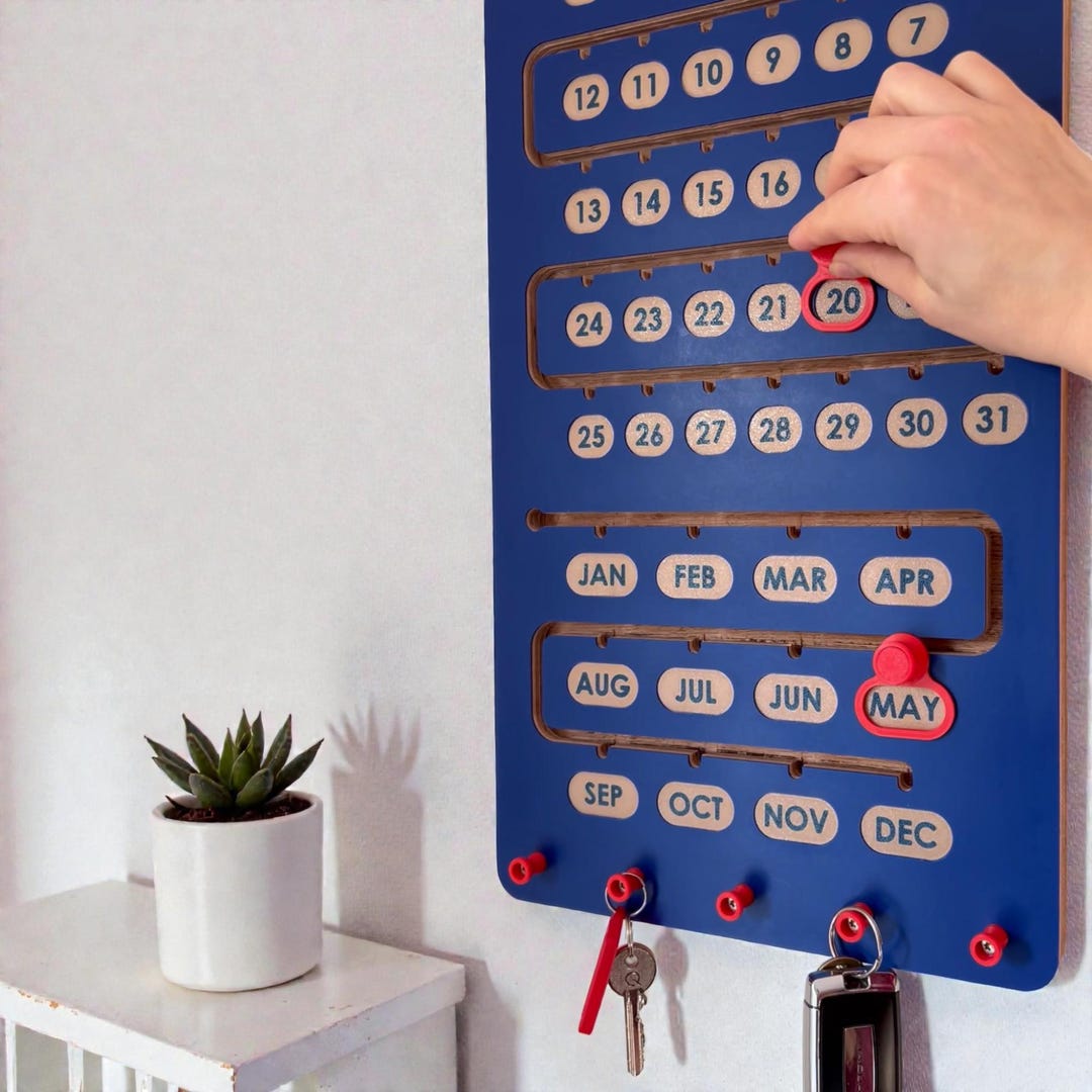 Perpetual Wood Wall Calendar With Key Hooks, Interactive Home Decor ...