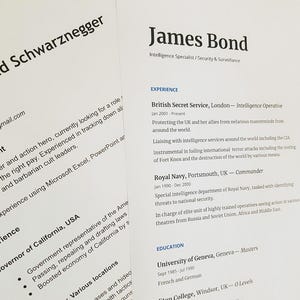 以下が含まれることがあります： アーノルド・シュワルツェネッガーとジェームズ・ボンドの2つの履歴書が表示されています。シュワルツェネッガーの履歴書には、カリフォルニア州知事としての経験が記載されています。ボンドの履歴書には、英国秘密情報部と海軍での経験が詳しく記載されています。