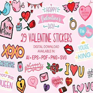 Valentine Stickers Set - Cute & Romantic Valentines Day Sticker Bundle | Digital Printable Stickers for Gifts, Scrapbooks