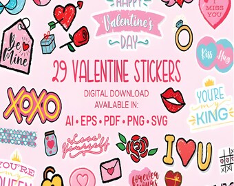 Set di adesivi di San Valentino - Pacchetto di adesivi carini e romantici per San Valentino / Adesivi stampabili digitali per regali, album di ritagli