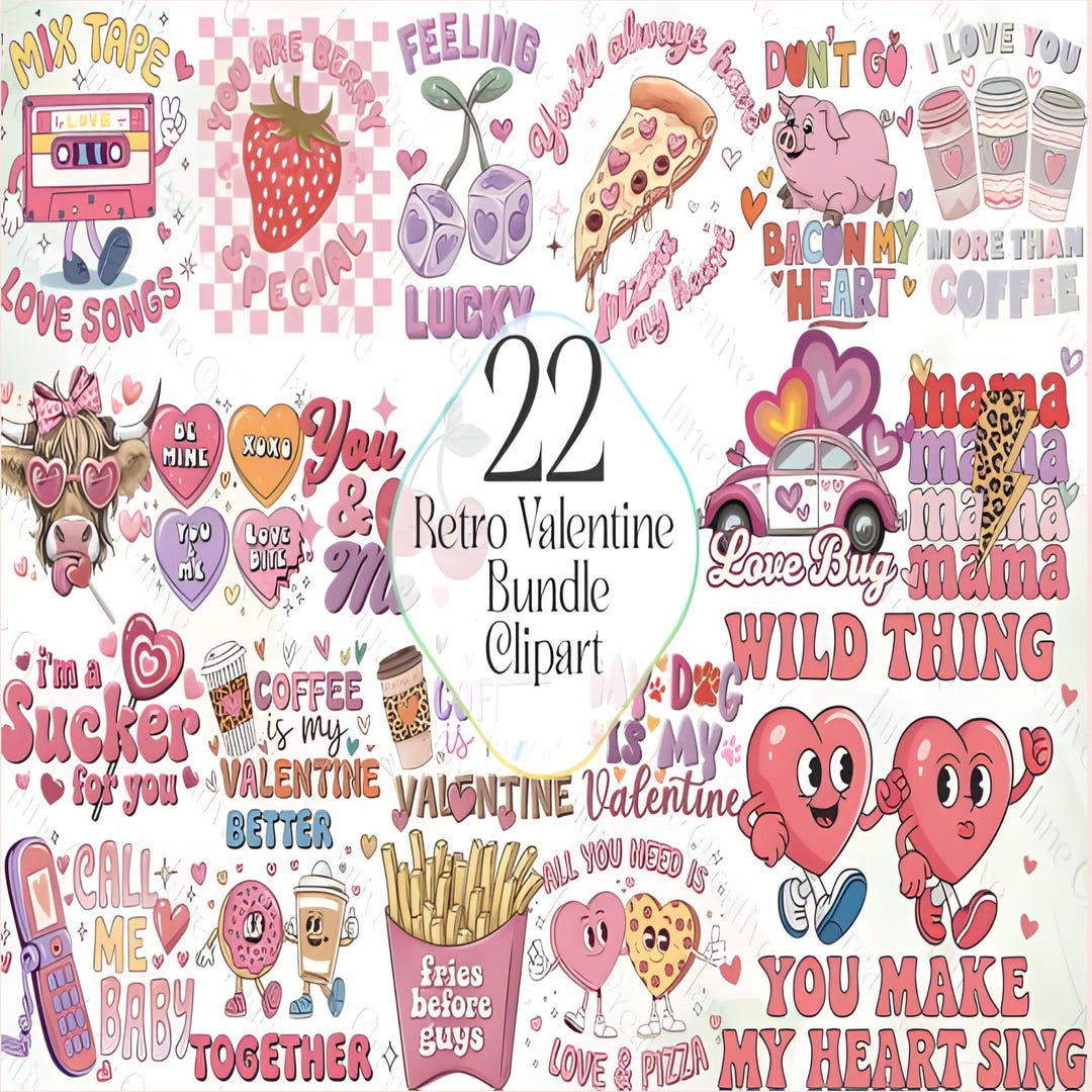 Retro Valentine Designs PNG Bundle – Romantic & Cute Valentine's Day ...