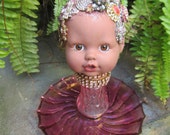 Blinged Out Altered Doll Head on a Pink vintage salt and pepper shaker. Pink glass plate, Collectible OOAK