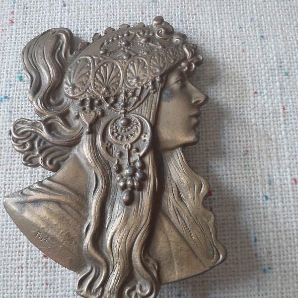 Brass belt Buckle, woman in the style of Mucha. Art Nouveau