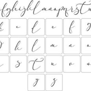 May include: A cursive alphabet chart with each letter in a separate square. The letters are written in a flowing, elegant script.
