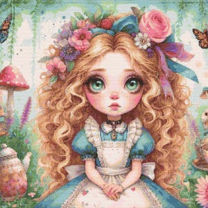 Op de afbeelding: Digitale illustratie van een meisje met lang, krullend blond haar, gekleed in een blauwe jurk en een bloemenhoofddeksel. Het meisje heeft grote, expressieve groene ogen en wordt omringd door vlinders en bloemen, wat een grillig, sprookjesachtig thema oproept.