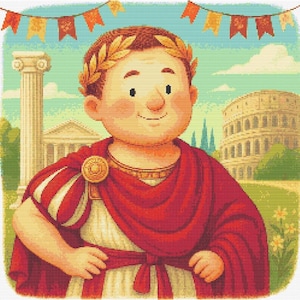 Op de afbeelding: Cartoon illustratie van een Romeinse keizer met een rode toga, gouden lauwerkrans en gouden medaillon. De achtergrond toont een zuil, een gebouw, het Colosseum en kleurrijke banners.