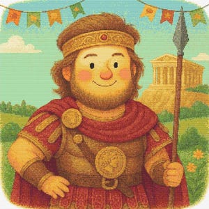 May include: Illustration of a cartoon Roman emperor with a spear, wearing a red cape and gold armor. The background features a temple, green fields, and colorful flags. The emperor has a beard and a crown.