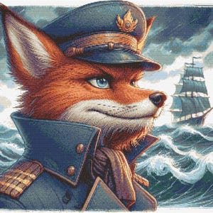 Può includere: Illustrazione digitale di una volpe con uniforme e cappello della marina blu navy, con un'emblema dorato. La volpe ha pelliccia arancione e occhi blu, sullo sfondo di un mare in tempesta con una nave alta.