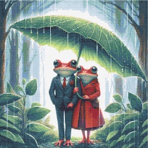 May include: A whimsical illustration of two anthropomorphic frogs under a large leaf umbrella in the rain. One frog wears a suit and tie, the other a red coat. The background features trees and foliage.