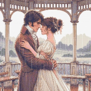 Puede incluir: Ilustración romántica de una pareja abrazándose en un cenador bajo la lluvia. El hombre lleva un abrigo marrón y la mujer un vestido blanco. El fondo presenta un paisaje con árboles y un cielo nublado, evocando intimidad.