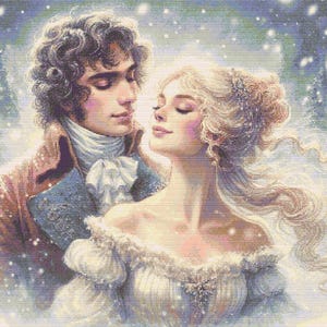 May include: A digital art print of a romantic couple in a winter scene. The man wears a brown coat and the woman a white dress. The artwork has a soft, dreamy quality with a snowy background and a focus on the couple's faces.