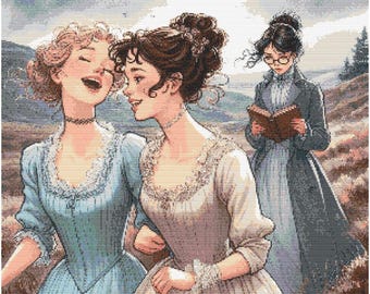 Cross stitch pattern Pride and Prejudice inspired PDF full coverage pattern Counted Cross Stitch Instant digital PDF Download Bennet Sisters