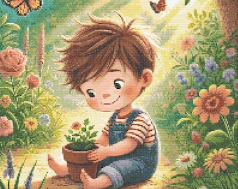 Cross stitch pattern Little Gardener full coverage embroidery pattern Counted Cross Stitch boy child gardening Instant digital PDF Download