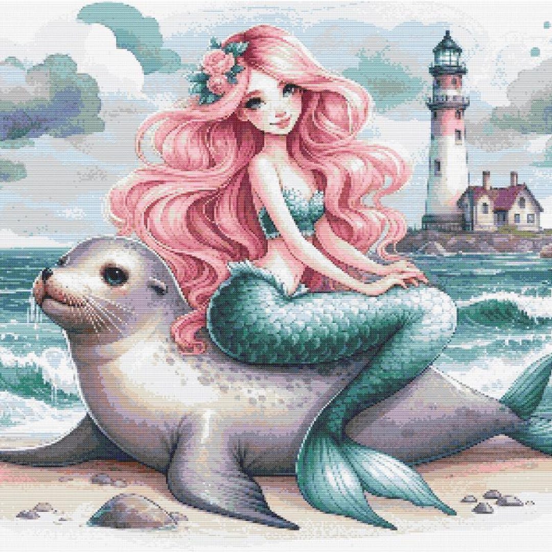 Mermaid of the Lighthouse Bay Cross Stitch Pattern PDF Full Coverage ...