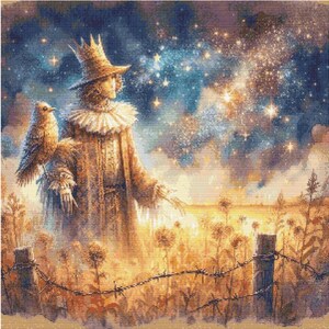 May include: Digital art print depicting a figure in a long coat and crown, with a bird on their arm, set against a starry sky. The artwork features a field of flowers and a barbed wire fence, with warm, golden tones.
