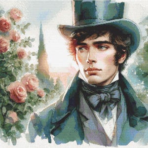May include: Watercolor painting of a man in a top hat and coat, with a bow tie. The man has light skin, dark hair, and blue eyes. Pink roses are in the background, with a church steeple in the distance. The painting has a vintage aesthetic.