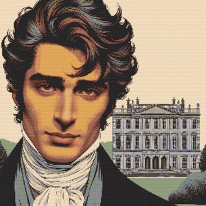 Mr Darcy at Pemberley Mansion Cross stitch pattern full coverage Counted Crossstitch Chart Instant digital Download pdf &#39;Reserved Gentleman&#39;