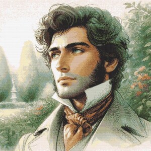 May include: A detailed portrait of a man with dark hair and a light complexion, set against a backdrop of a garden. He wears a white collared shirt, a brown ascot, and a light-colored coat. The artwork has a classical, romantic style.