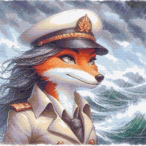 Può includere: Immagine di arte digitale di un personaggio volpe con uniforme e cappello da ufficiale di marina, ambientata su uno sfondo di mare in tempesta. La volpe ha pelliccia arancione, viso bianco e guarda a destra. Lo stile artistico è dettagliato e colorato.