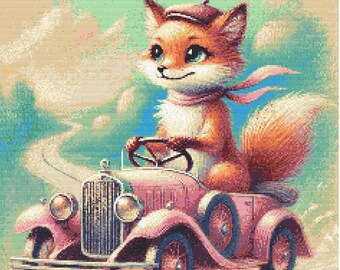 Fox cross stitch pattern fox driving vintage car full coverage pattern embroidery pattern Counted Cross Stitch Instant digital Download pdf