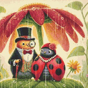 Pode incluir: Uma ilustração de desenho animado de uma joaninha vestindo um vestido vermelho e um colar de pérolas de pé ao lado de um cavalheiro com um chapéu-coco e um smoking sob uma grande flor rosa.