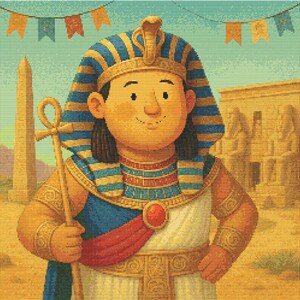 May include: Illustration of a cartoon pharaoh wearing a blue and gold headdress with a cobra, holding an ankh staff. The pharaoh is dressed in a white and blue tunic with a red sash. The background includes an obelisk and ancient Egyptian architecture.