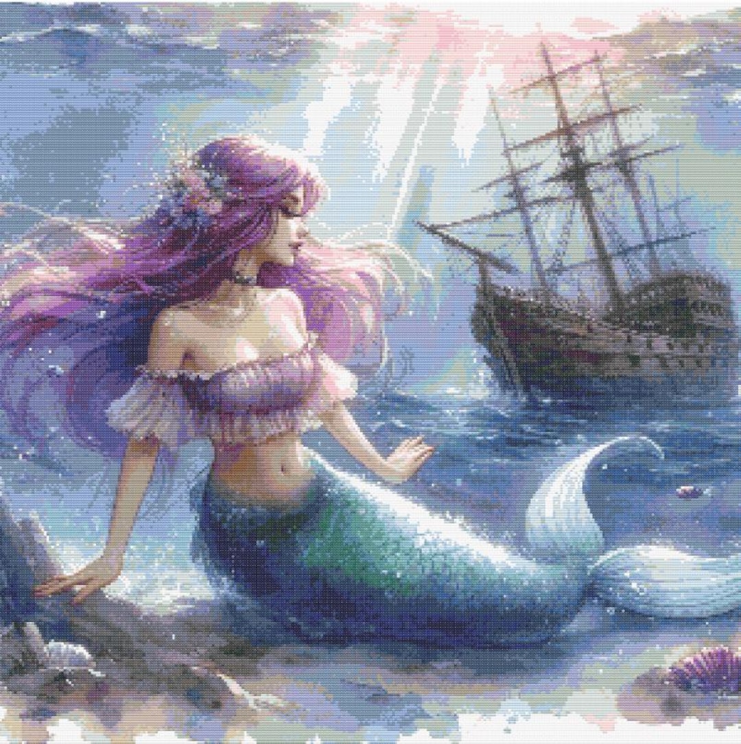 Cross Stitch Pattern Mermaid Shipwreck Full Coverage Embroidery Pattern ...