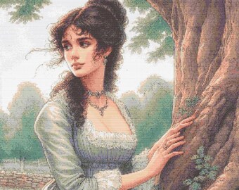 Cross stitch pattern Regency Era Woman by the Tree PDF full coverage pattern Counted Cross Stitch Instant digital PDF Download Glance Behind