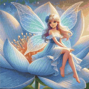 Cross stitch pattern Blue Fairy PDF full coverage embroidery pattern Counted Cross Stitch Blue Flower Pixie Instant digital Download pdf