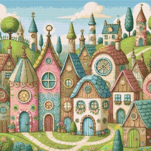 Puede incluir: Una colorida ilustración de un pueblo caprichoso con casas de colores pastel. Las casas tienen detalles arquitectónicos únicos, incluyendo tejados puntiagudos, ventanas redondas y detalles decorativos. La escena está ambientada sobre un fondo de colinas verdes y un cielo azul.
