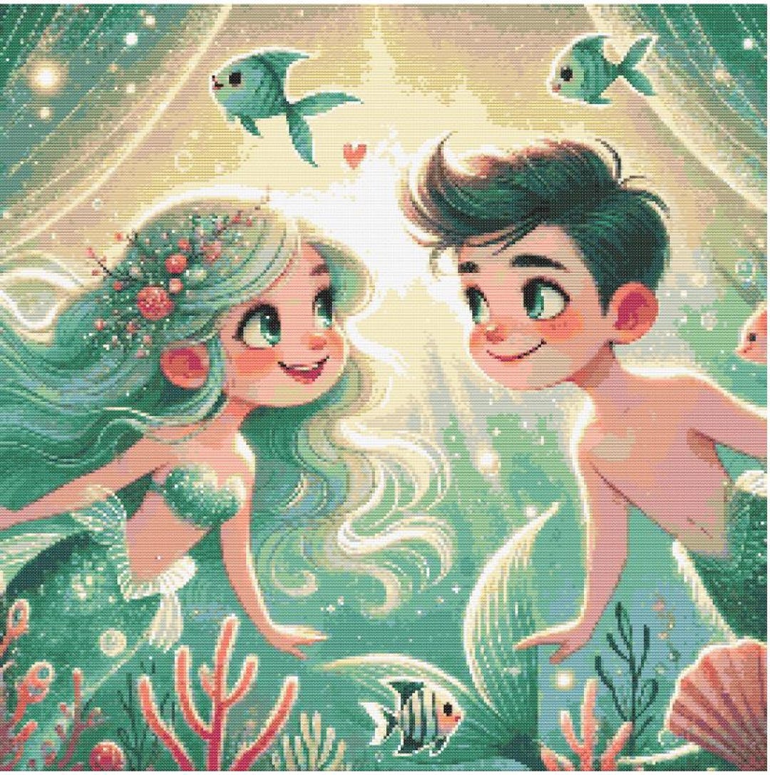 Mermaid Boy and Girl Cross Stitch Pattern Full Coverage Counted ...