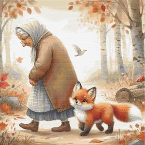 May include: A digital illustration depicts an elderly person walking with a fox in an autumn forest. The person wears a headscarf, glasses, and a long coat. The fox has orange fur with a white-tipped tail. The scene is set among trees and fallen leaves.
