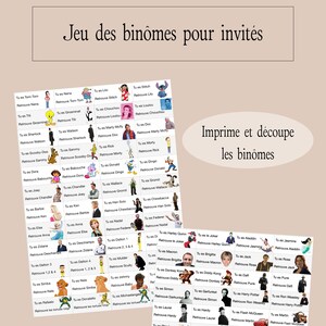 Könnte beinhalten: Ein Spiel für Gäste mit illustrierten Paaren von Charakteren, darunter berühmte Persönlichkeiten und Zeichentrickfiguren. Die Spielkarten sind zum Ausdrucken und Ausschneiden für eine unterhaltsame Aktivität gedacht. Der Text ist auf Französisch.