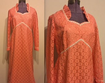 Vintage 1960s 70s Coral Peach Crochet Lace Maxi Dress - Formal - Party Dress - Empire Waist - Large