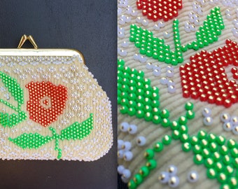Vintage 1950s 60s Rare Corduroy Beaded Floral Coin Purse - Kisslock Pouch