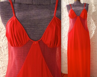 Vintage 1970s Sexy Lingerie - Sheer Red Cutouts Maxi Nightgown - Medium Valentine's Day xmas