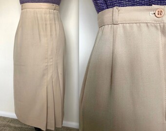 Vintage 1970s Beige Pencil Skirt A Line Pleated Skirt  - Secretary Skirt - by Midnight Lady - XS