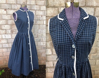 Vintage 1940s 50s RARE Betty Draper Blue Plaid Fitted Pin Up Dress - Full Circle Skirt - Small - Rockabilly