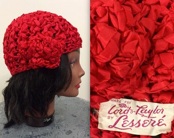 Vintage 1940s Lord & Taylor Red Ribbon Turban Hat