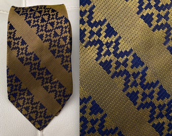 Vintage Shiny Gold & Blue Tie - Geometric Stripe - Iridescent