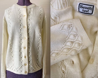 Vintage 1970s Pointelle White Knit Cardigan Sweater - Keneth Too! - Medium